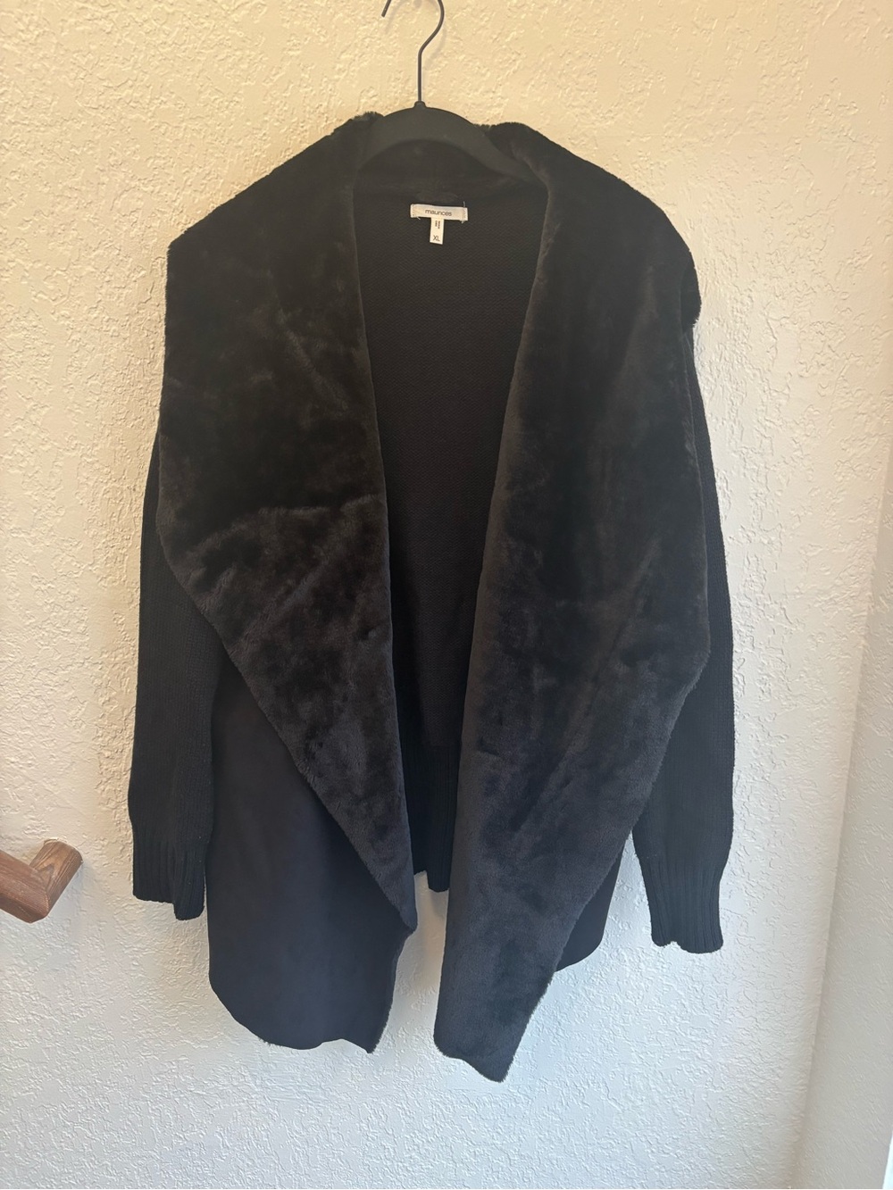 Maurice’s Black Faux Fur-Trim Open Front Cardigan Jacket